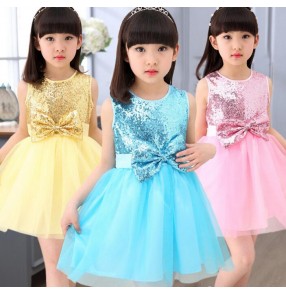 Yellow gold turquoise pink flower girls sequined bow tie girs kids children toddlers school play modern dance jazz dance outfits costumes dresses